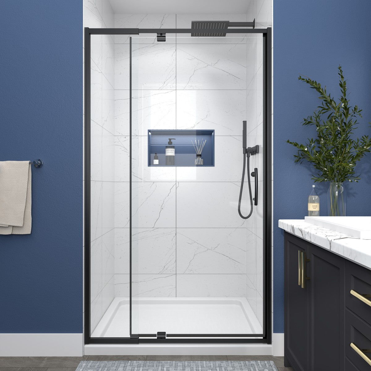 Flexi 38-42"x71" Frameless Shower Door in Matte Black,Tempered Glass with Seal Strip Parts and Handle,6mm Glass Shower Door - ExBriteUSA