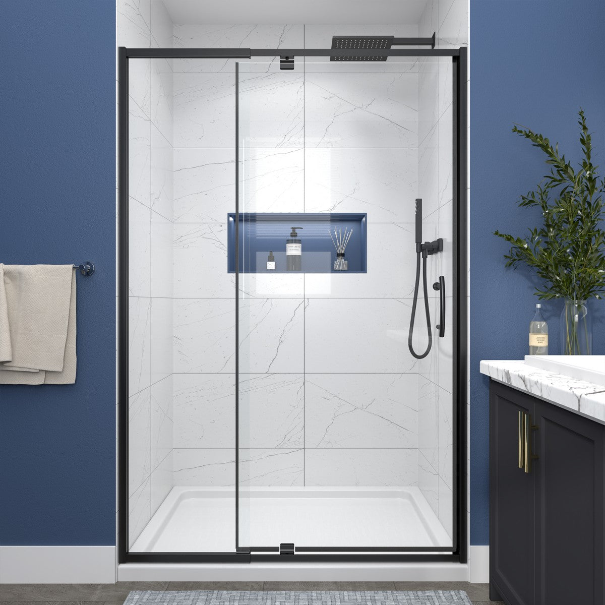 Flexi 44-48"x71" Frameless Shower Door in Matte Black,Water Repellent Glass with Seal Strip Parts and Handle,6mm Glass Shower Door - ExBriteUSA