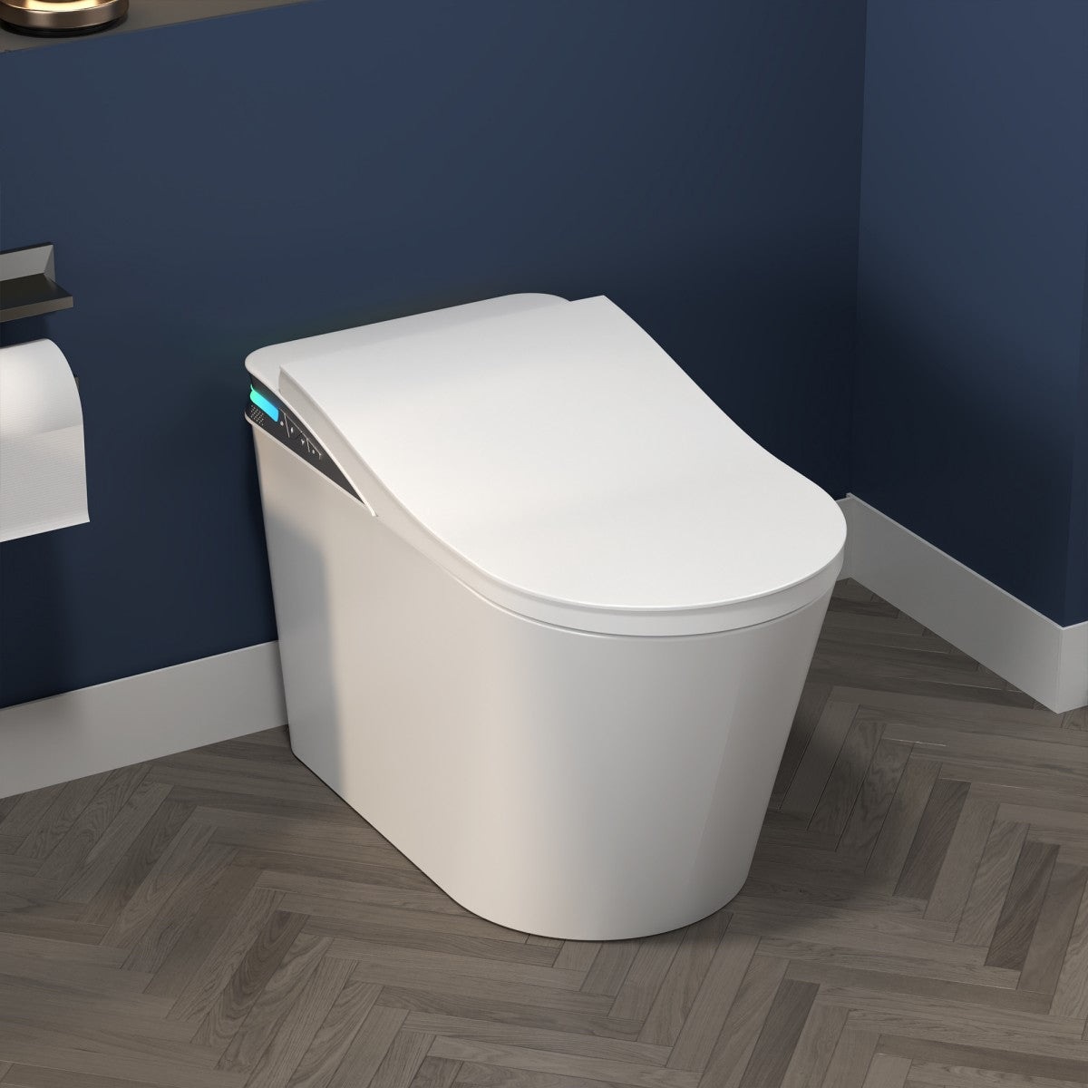 Exbrite Smart Toilet With Foot Sensing Open Cover & Seat, Buttons Control, Night Light, Leakage Protection, Side Knob With Multiple Controls, Remote Control, Auto Flushing, White Screen