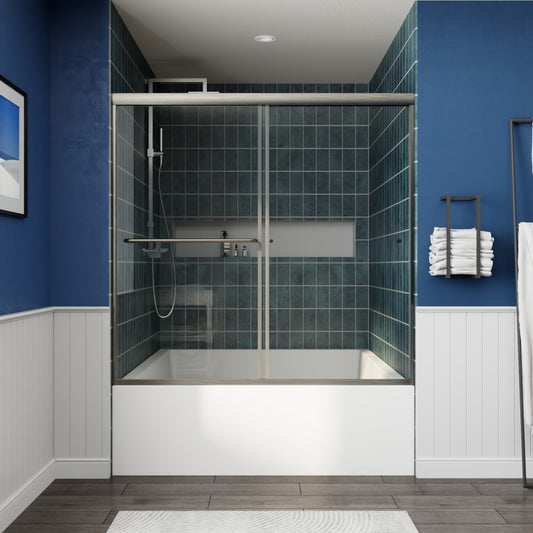 Glide-B Allsumhome 56-60" Semi-Frameless Double Sliding Tub Door,Bypass Bathtub Shower Tempered Glass Door,Explosion-Proof Film,Brush Nickel