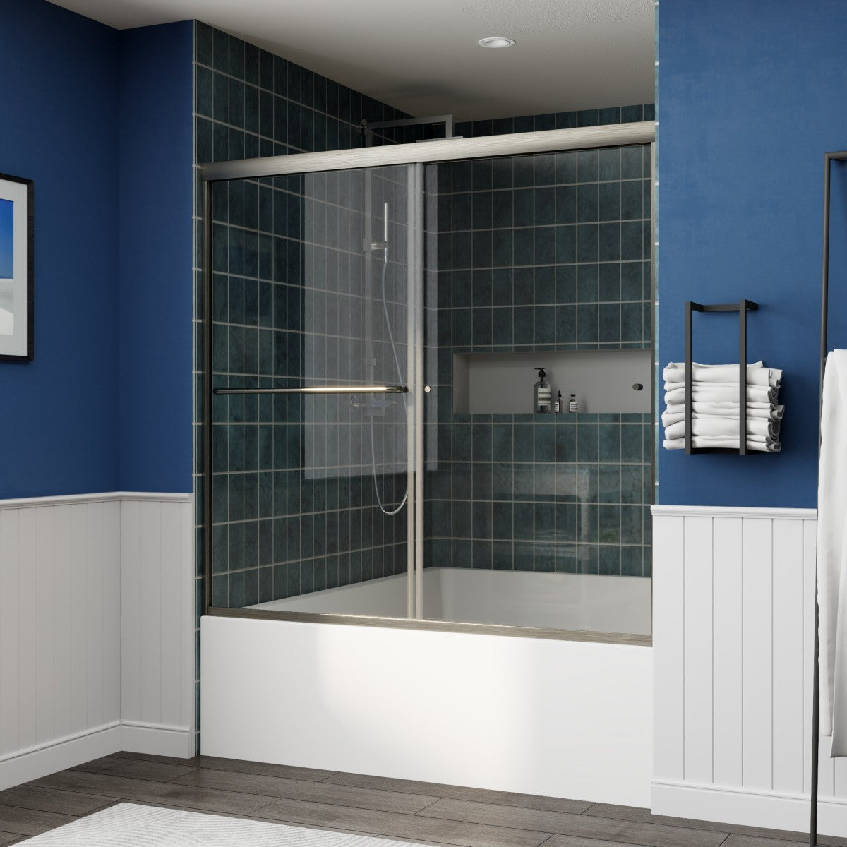 Glide-B Allsumhome 56-60" Semi-Frameless Double Sliding Tub Door,Bypass Bathtub Shower Tempered Glass Door,Explosion-Proof Film,Brush Nickel
