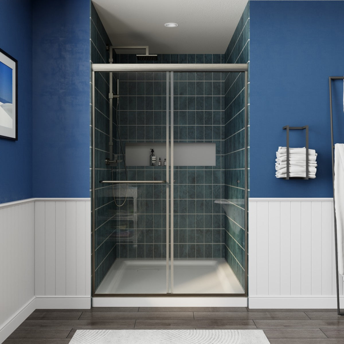 Glide 44-48" x 72" Framed Shower Door in Brushed Nickel,Water Repellent Glass Shower Door,Easy Glide Rollers Sliding Shower Door
