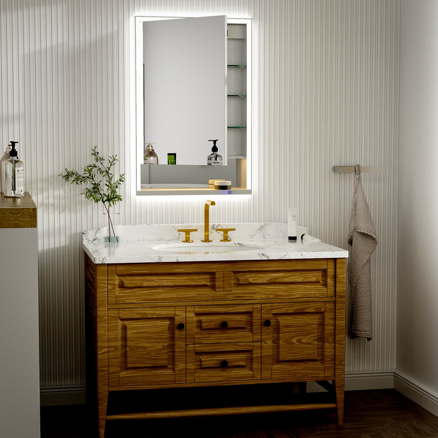 Ample 24" W x 36" H LED Lighted Chrome Medicine Cabinet with Mirror and Shelves for Bathroom Recessed or Surface Mount
