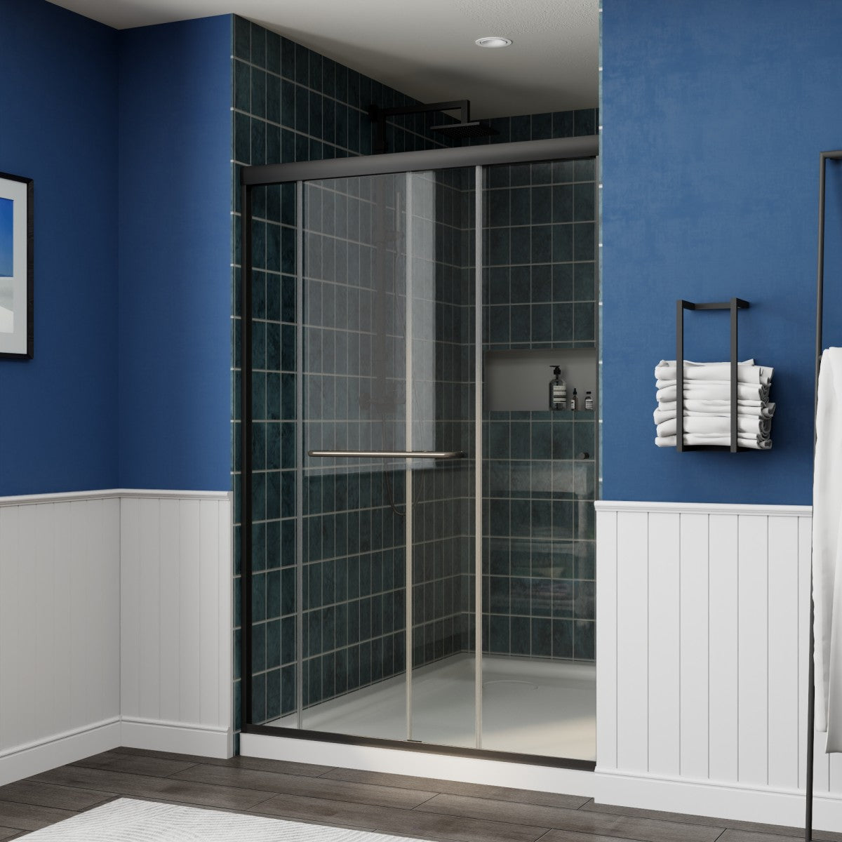 Glide 44-48" x 72" Framed Shower Door in Matte Black,Water Repellent Glass Shower Door,Easy Glide Rollers Sliding Shower Door