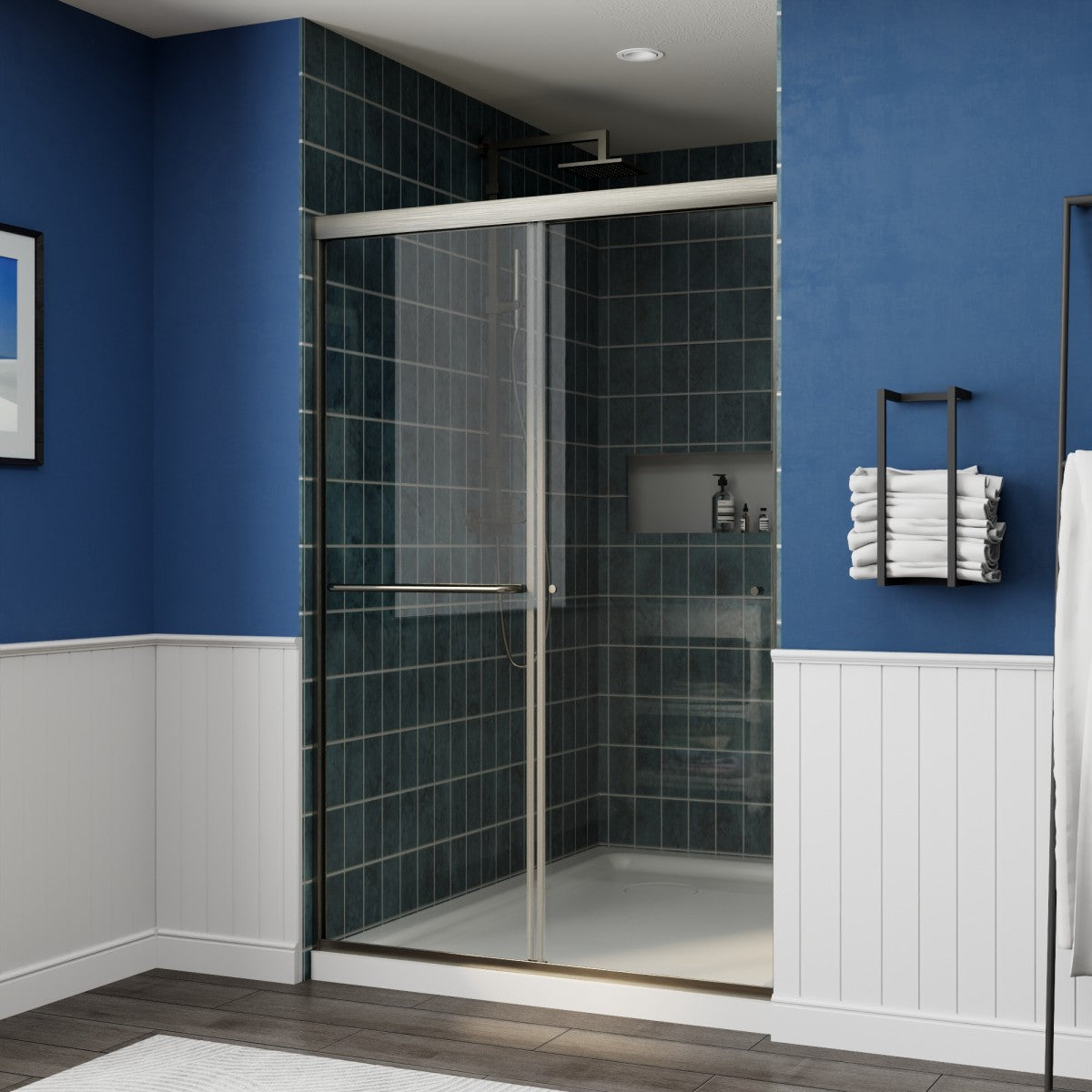 Glide 44-48" x 72" Framed Shower Door in Brushed Nickel,Water Repellent Glass Shower Door,Easy Glide Rollers Sliding Shower Door