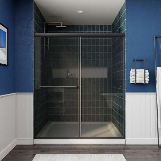 Glide-GR Semi-Frameless Shower Door 56-60 in. W x 70 in. H Bypass Sliding Shower Enclosure,Matte Black,Double Sliding Smoke Gray Glass