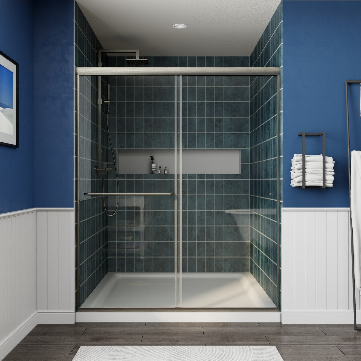 Glide Semi-Frameless Shower Door 56-60 in. W x 72 in. H Bypass Sliding Shower Enclosure,Brushed Nickel,Double Sliding Glass Bathroom Doors