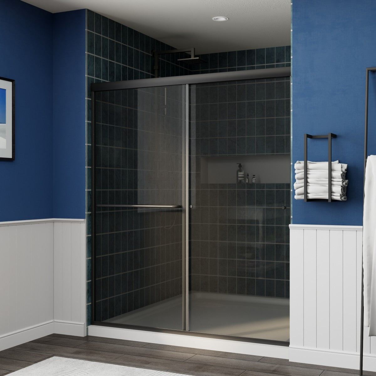Glide-GR Semi-Frameless Shower Door 56-60 in. W x 70 in. H Bypass Sliding Shower Enclosure,Matte Black,Double Sliding Smoke Gray Glass