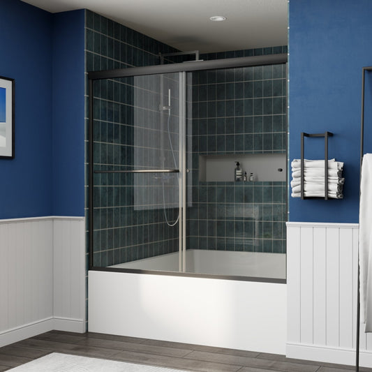 Glide-B Allsumhome 56-60" Semi-Frameless Double Sliding Tub Door,Bypass Bathtub Shower Tempered Glass Door,Explosion-Proof Film,Matte Black
