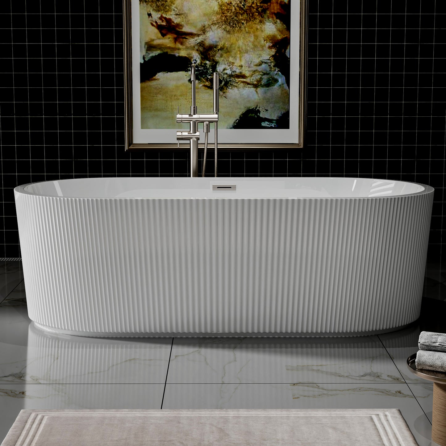 WSP-NK Exbrite 67' Acrylic Freestanding Bathtub, Unique Pleated Design, Glossy White, Brushed Nickel Overflow and Pop-Up Drain, cUPC Certified