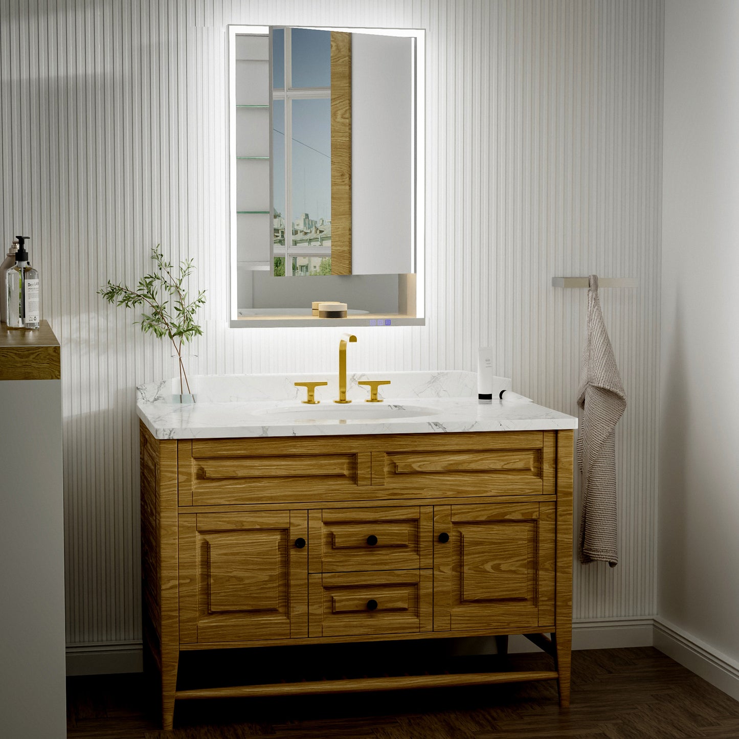 Ample 24" W x 36" H LED Lighted Chrome Medicine Cabinet with Mirror and Shelves for Bathroom Recessed or Surface Mount, Right Hinge