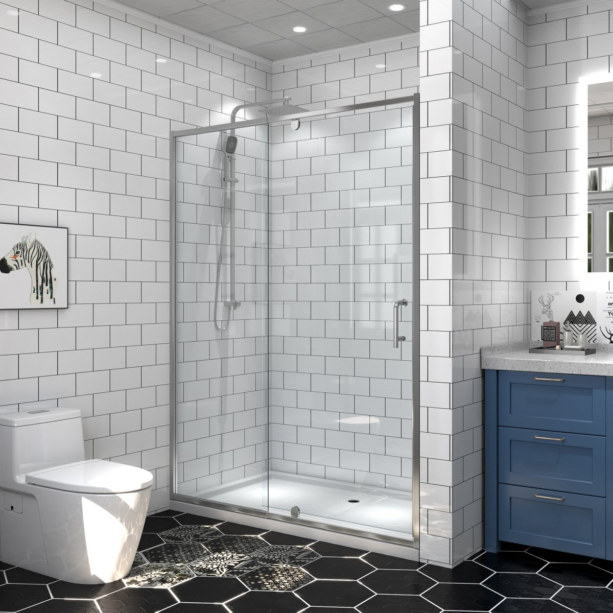 Flexi-B Showers 50-54" W x 71" H Glass Shower Doos Semi-Frameless,6mm Clear Tempered Glass Panel, Black Finish (Copy) - ExBriteUSA