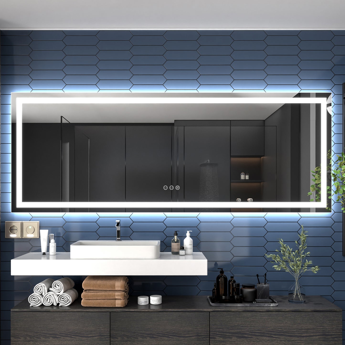 Apex-T 96" W x 36" H Lighted Bathroom Large Light Led Mirror,Anti Fog,Dimmable,Three Lighting Modes
