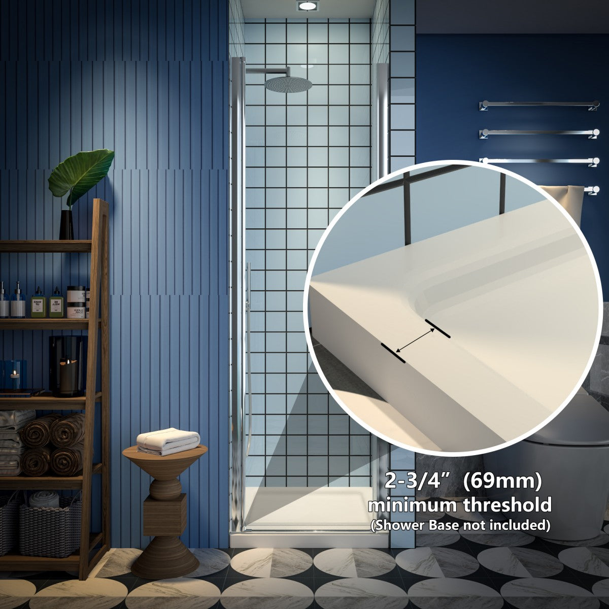 Classy 24-26" W x 72" H small shower door with hinged pivot, chrome installation, and clear glass.