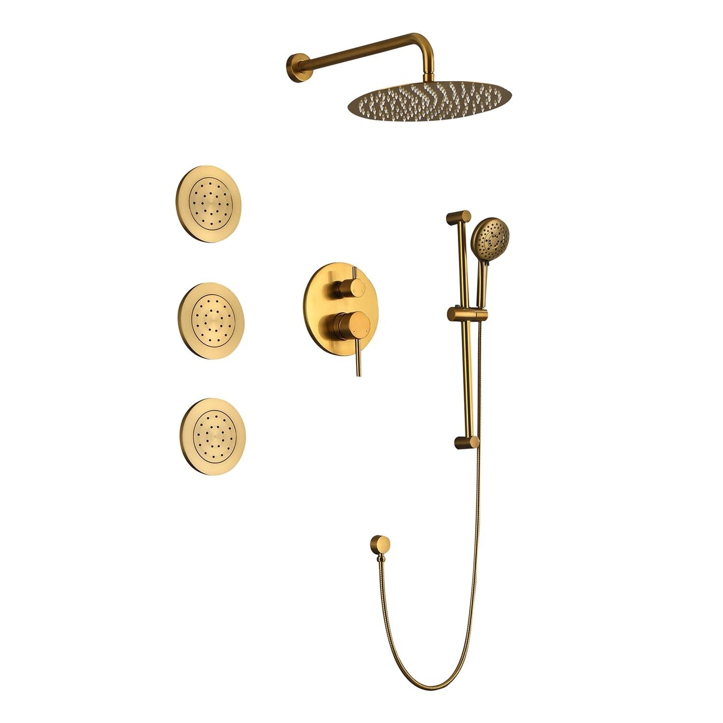 4PC3 Exbrite Shower System with Shower Head, Hand Shower, Slide Bar, Bodysprays, Shower Arm, Hose, Valve Trim, and Lever Handles,brushed gold