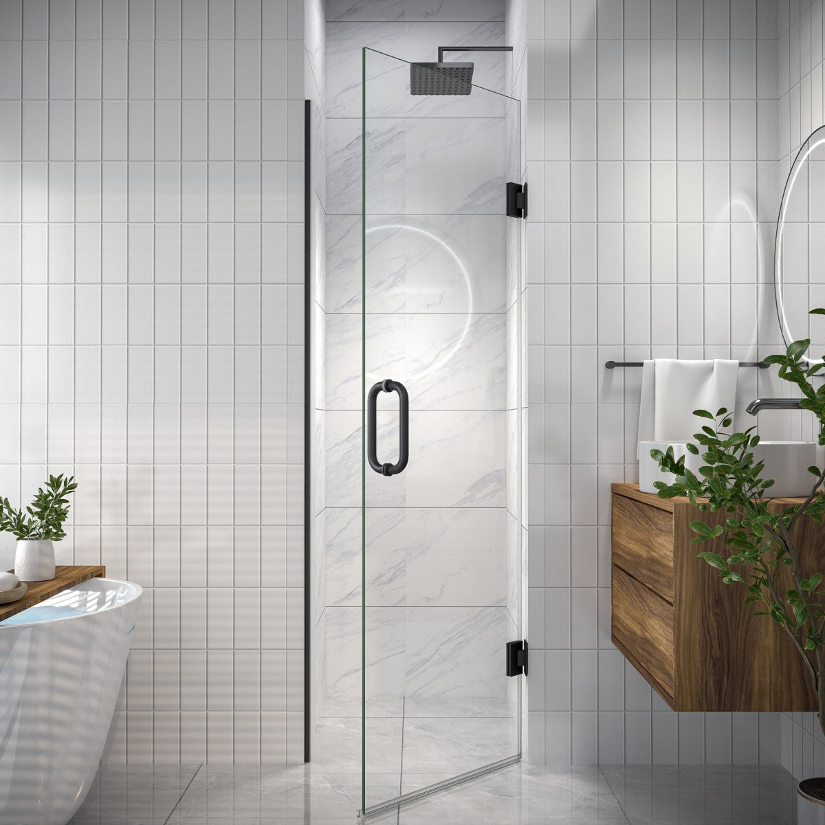 Valor Shower Door 24in.W x 72in.H Semi-Frameless Hinged Shower Door,Shower Room Glass Door with Clear Tempered Shower Glass Panel,Black