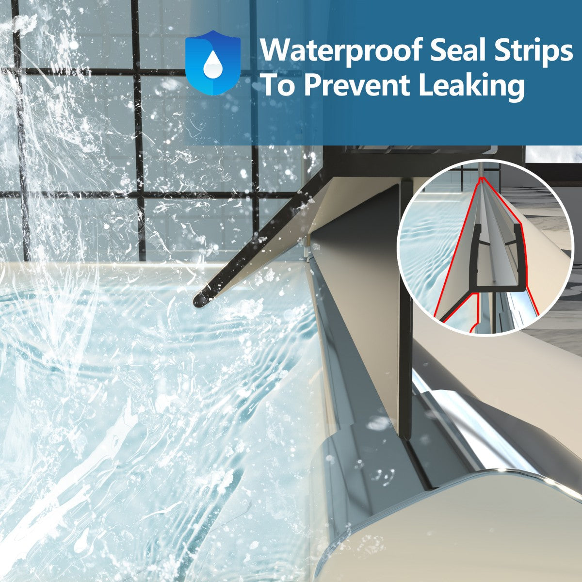 Waterproof seal strips on Classy 24-26" W x 72" H small shower door for leak prevention.