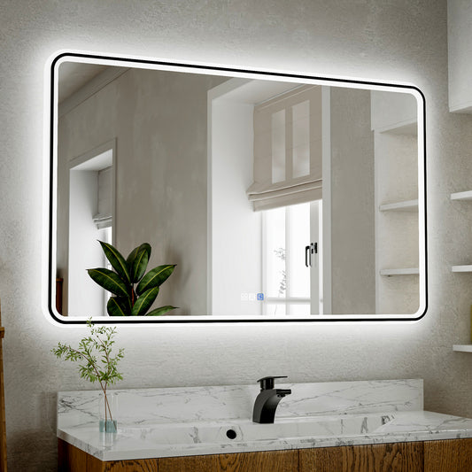 Lumina 48" W x 30" H LED Lighted Bathroom Mirror,High Illuminate, Inner & Outer Lighting,Anti-Fog, Dimmable,Black Frame with Rounded Corners