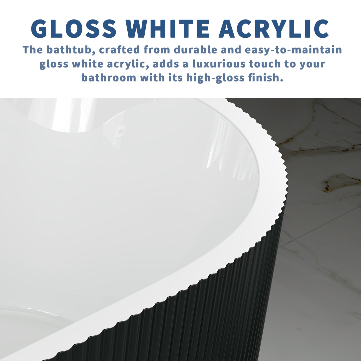 WSP-NK Exbrite 67' Acrylic Freestanding Bathtub, Unique Pleated Design, Glossy Black, Brushed Nickel Overflow and Pop-Up Drain, cUPC Certified