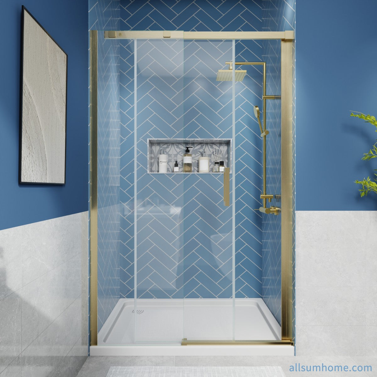Lock Adjustable 44-48"W x 74"H Sliding Glass Shower Door with 8mm Clear Tempered Glass,Stainless Steel Hardware Brushed Gold,Rectangle Shower Door