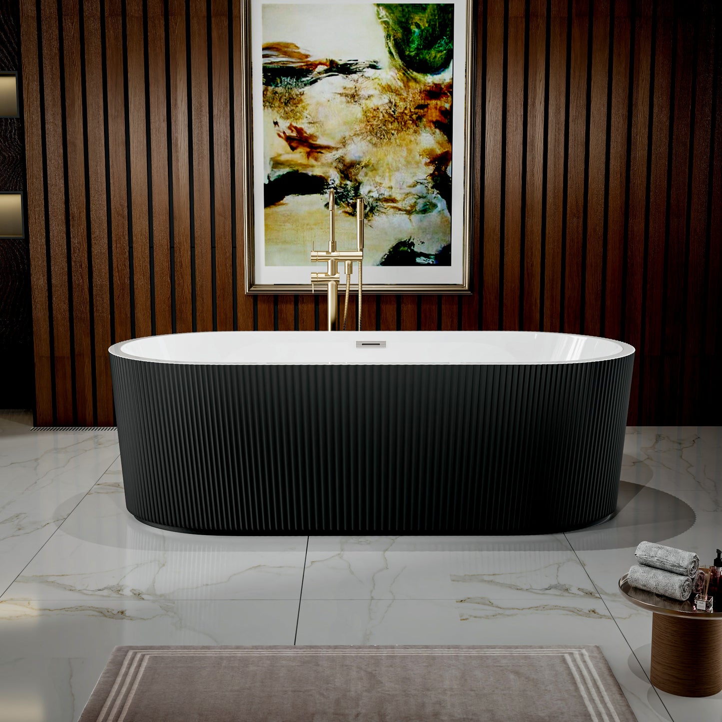 WSP-NK Exbrite 67' Acrylic Freestanding Bathtub, Unique Pleated Design, Glossy Black, Brushed Nickel Overflow and Pop-Up Drain, cUPC Certified
