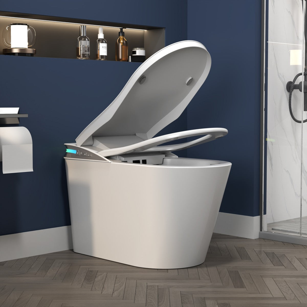 Exbrite Smart Toilet With Foot Sensing Open Cover & Seat, Buttons Control, Night Light, Leakage Protection, Side Knob With Multiple Controls, Remote Control, Auto Flushing, White Screen