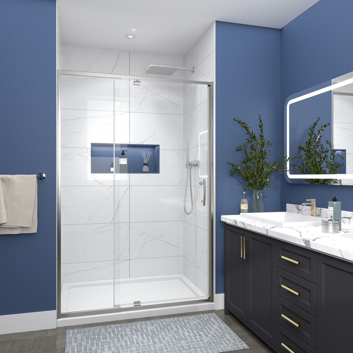 Flexi 44-48"x71" Frameless Shower Door in Chrome,Water Repellent Glass with Seal Strip Parts and Handle,6mm Glass Shower Door - ExBriteUSA