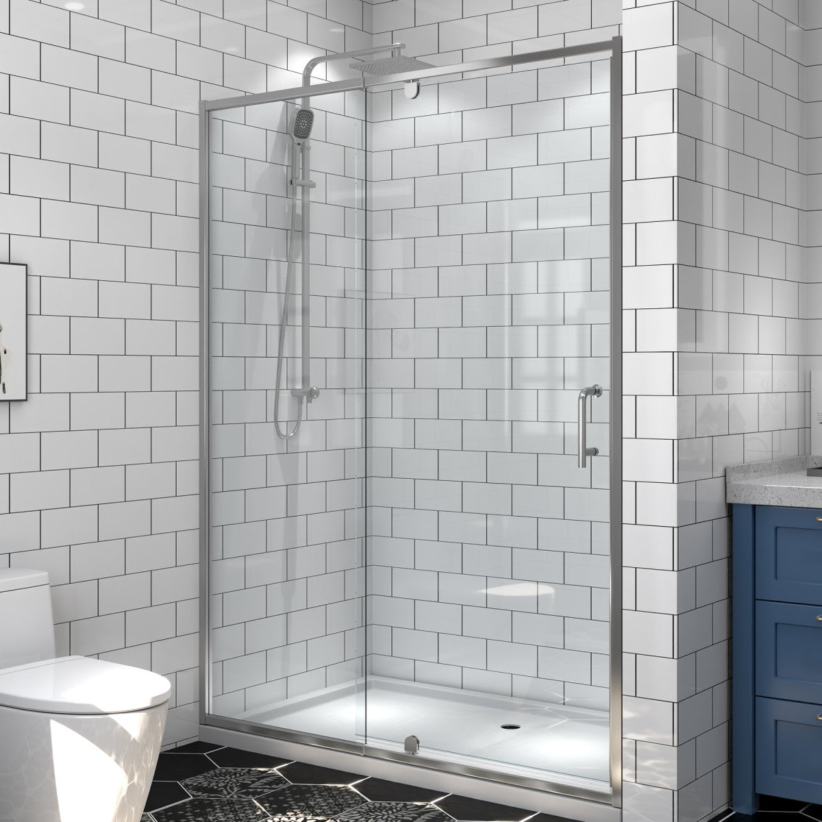 Flexi-B Showers 50-54" W x 71" H Glass Shower Doos Semi-Frameless,6mm Clear Tempered Glass Panel, Black Finish (Copy) - ExBriteUSA