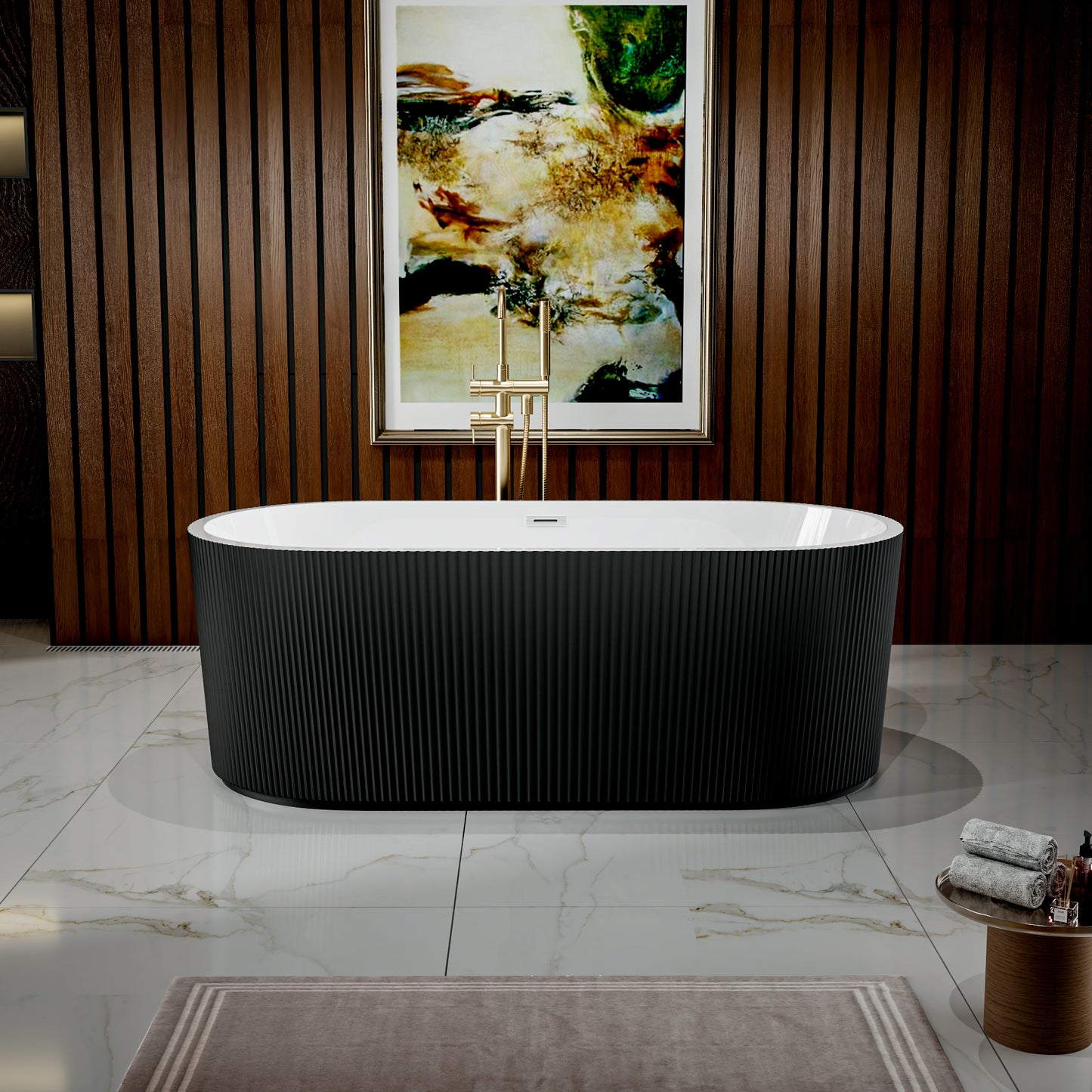 WSP-CH Exbrite 59' Acrylic Freestanding Bathtub, Unique Pleated Design, Glossy black, Chrome Overflow and Pop-Up Drain, cUPC Certified