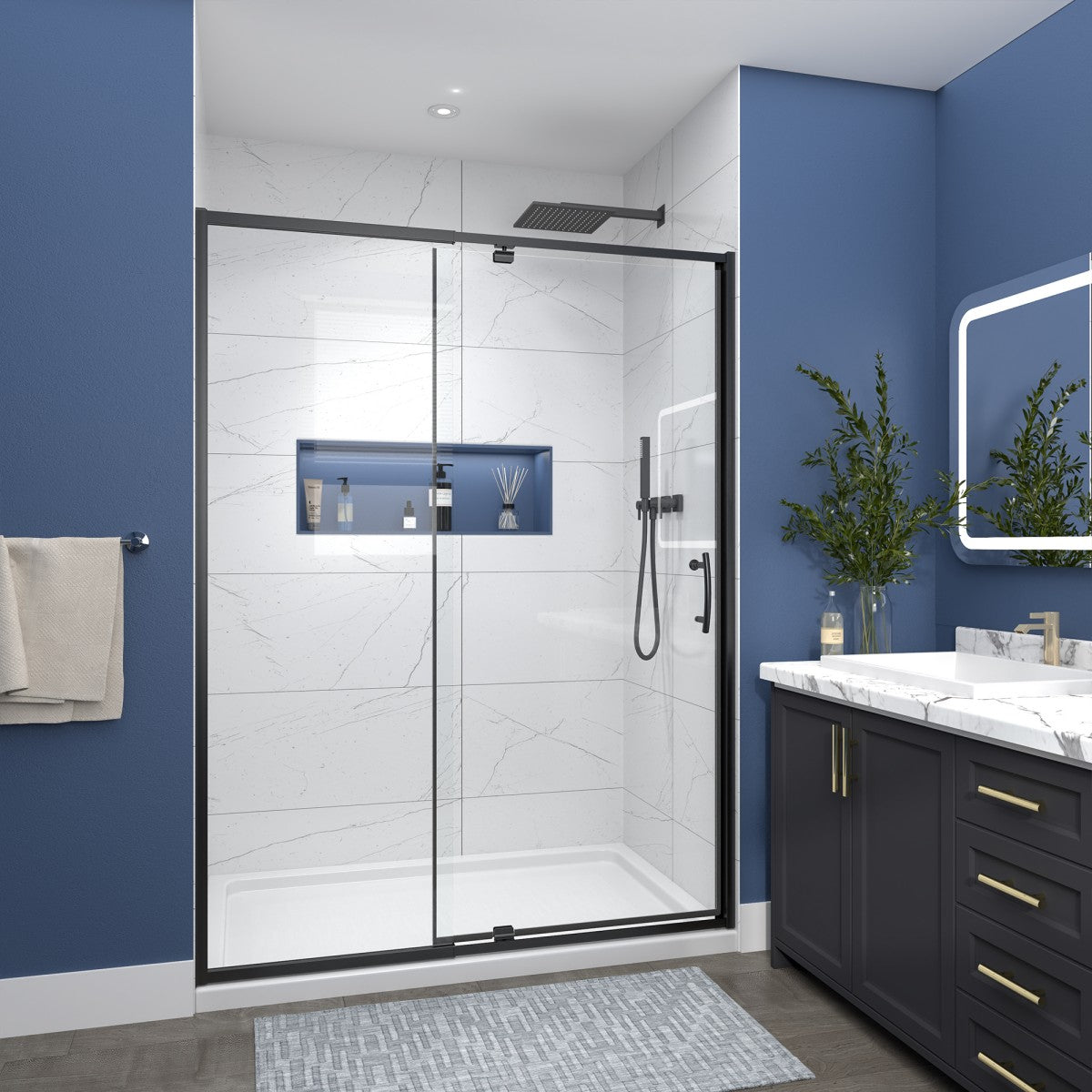 Flexi Showers 50-54" W x 71" H Glass Shower Doos Semi-Frameless,6mm Clear Tempered Glass Panel, Black Finish - ExBriteUSA