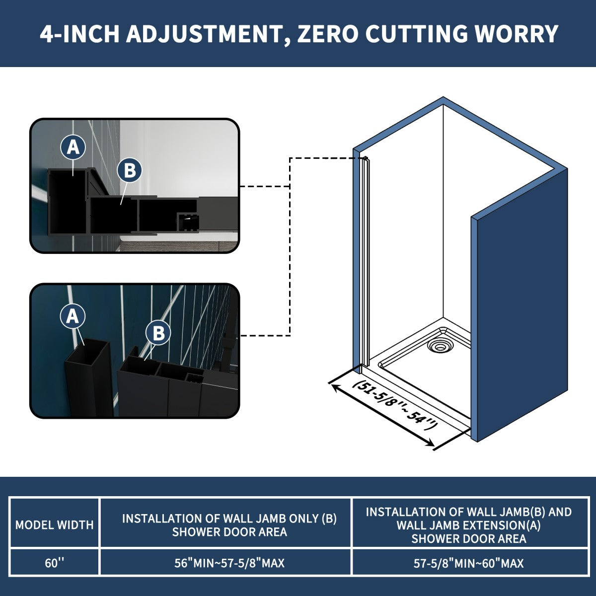Nexus 56-60W x 70.H Easy Clean Double Framed Sliding Shower Door with 1/4" (6mm) Clear SGCC Tempered Glass,Matte Black Finish
