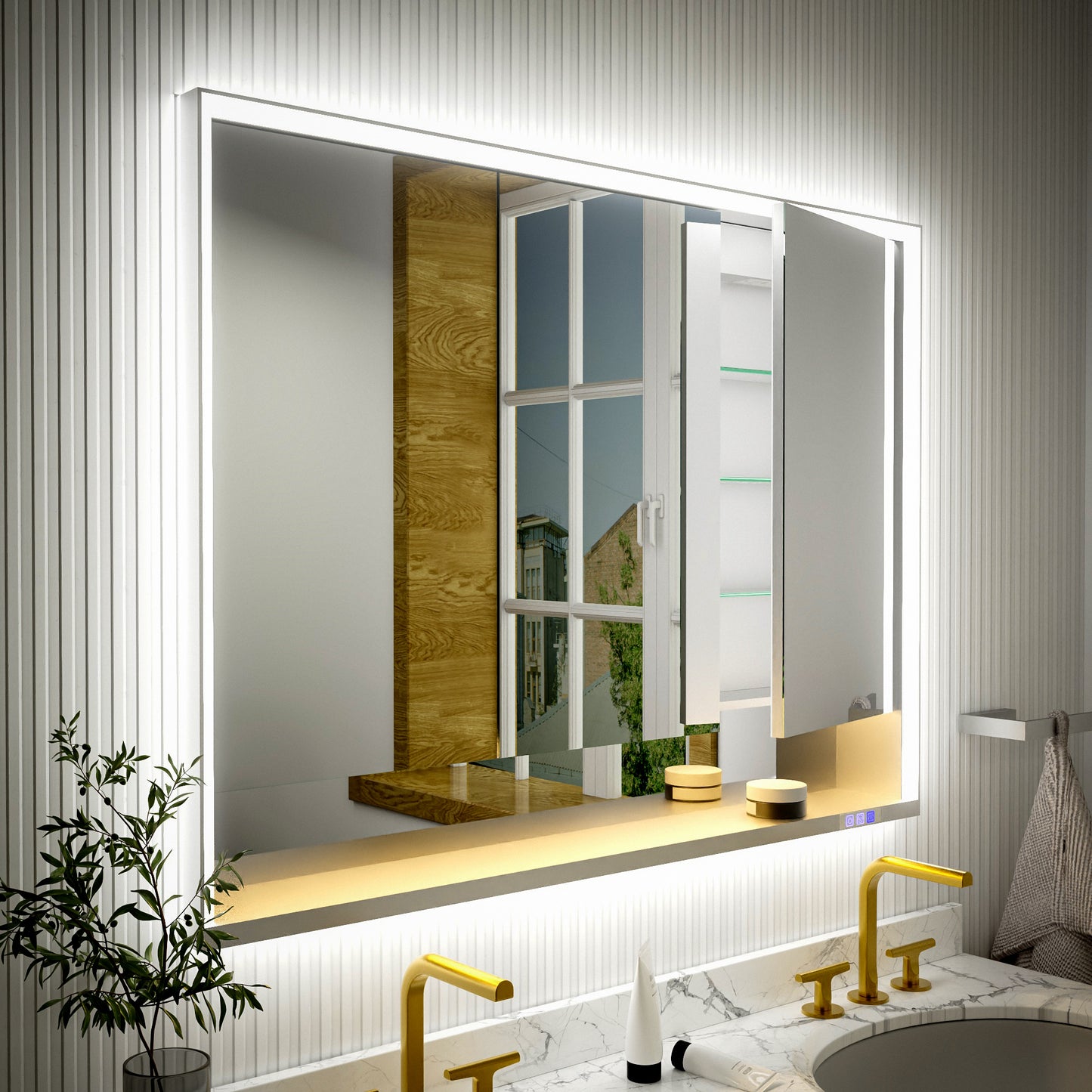 Ample 48" W x 36" H LED Lighted Chrome Medicine Cabinet with Mirror and Shelves for Bathroom Recessed or Surface Mount