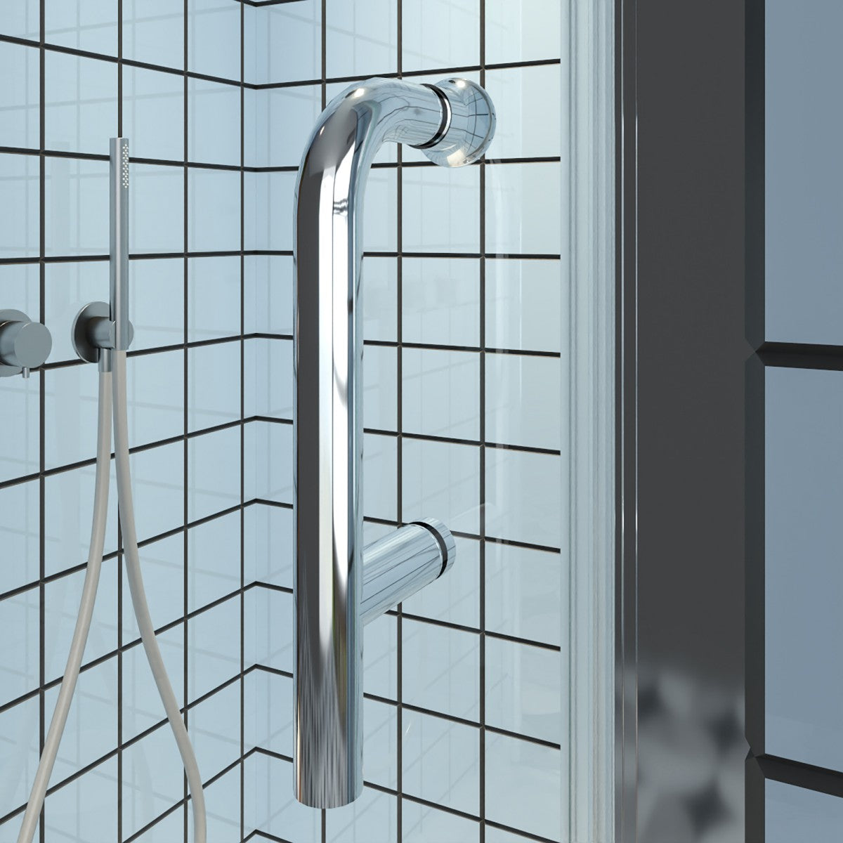 Classy small shower door with chrome handle and clear glass, 24-26" W x 72" H, hinged pivot installation.