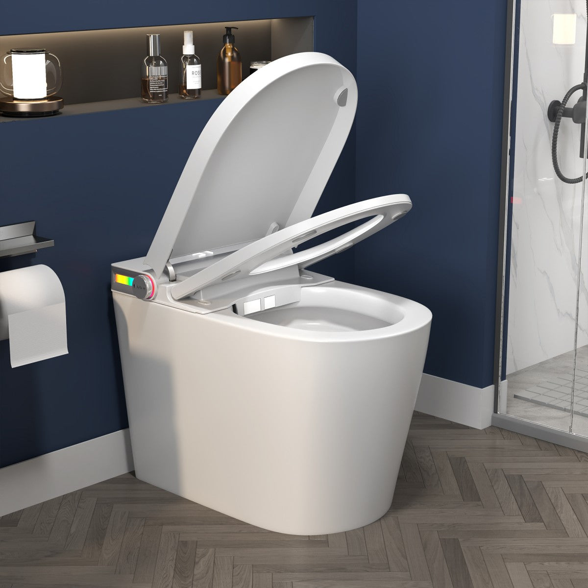 Exbrite Smart Toilet With Foot Sensing Open Cover & Seat, No Water Pressure Limitation, Night Light, Leakage Protection, Side Knob With Multiple Controls, Remote Control, Auto Flushing, White Screen