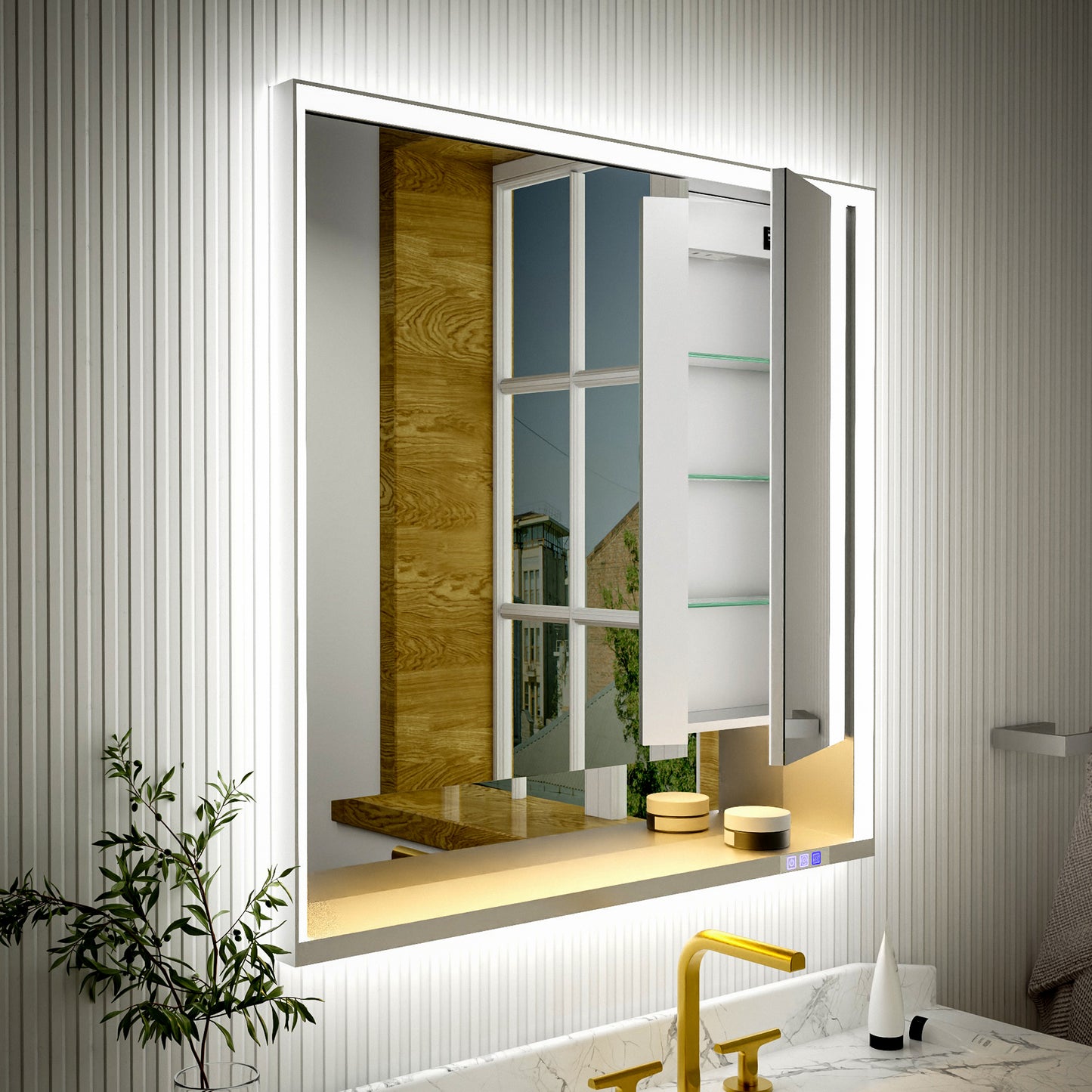 Ample 36" W x 36" H LED Lighted Chrome Medicine Cabinet with Mirror and Shelves for Bathroom Recessed or Surface Mount