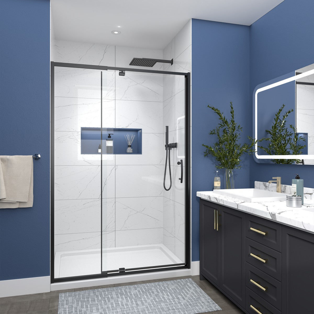 Flexi 44-48"x71" Frameless Shower Door in Matte Black,Water Repellent Glass with Seal Strip Parts and Handle,6mm Glass Shower Door - ExBriteUSA