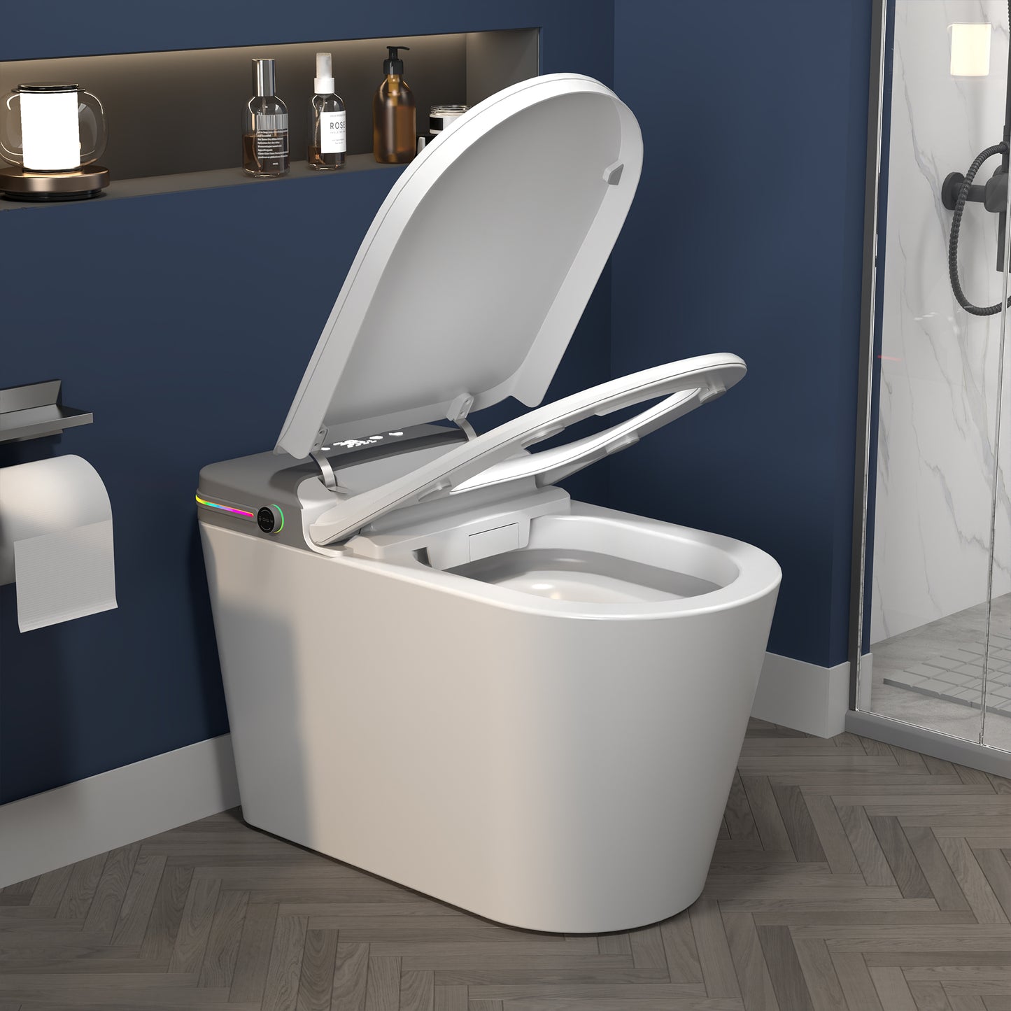 ExBrite Smart Bidet Toilet with Remote Control.Raised Tankless Toilet with LED Display. Auto Open/AutoHeated. Seat Toilet Bidet with Aromatherapy System.Warm Water And Dry.Off Seat Flush.Foot Sensor.