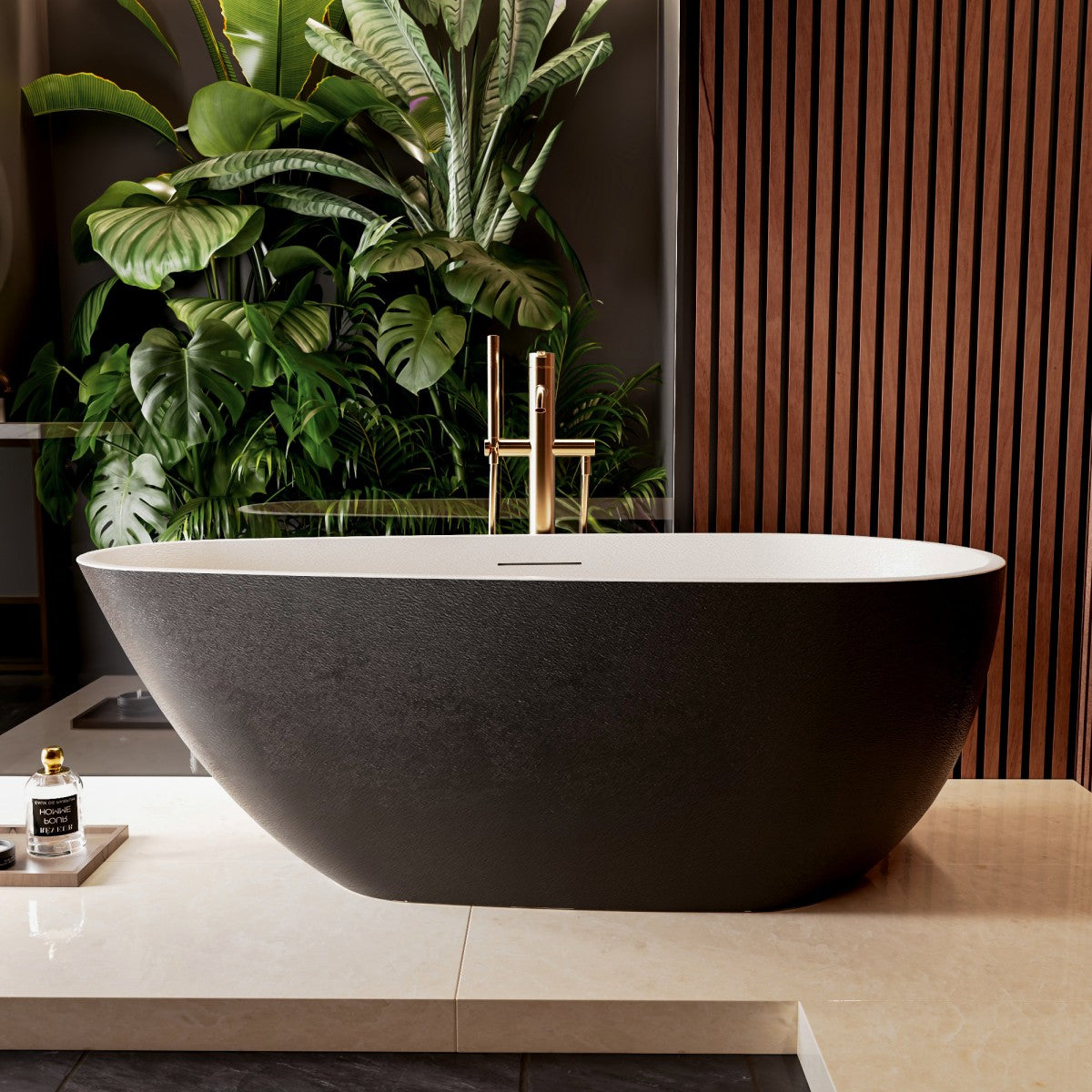 Allsumhome RockE 59" Imitation Natural Stone Freestanding Bathtub,Stone Touch,Black,Scratch-proof,cUPC Certified