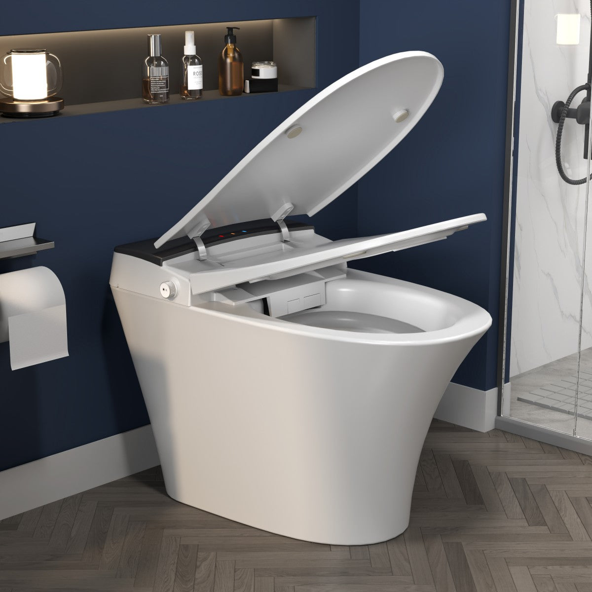 Exbrite Heated Seat Smart Toilet, One Piece Toilet, Automatic Flush Tankless Toilet without Bidet, with Foot sensor Flush, Blue Night Light, Knob Control, Power Outage Flushing, Soft Close Cover,White