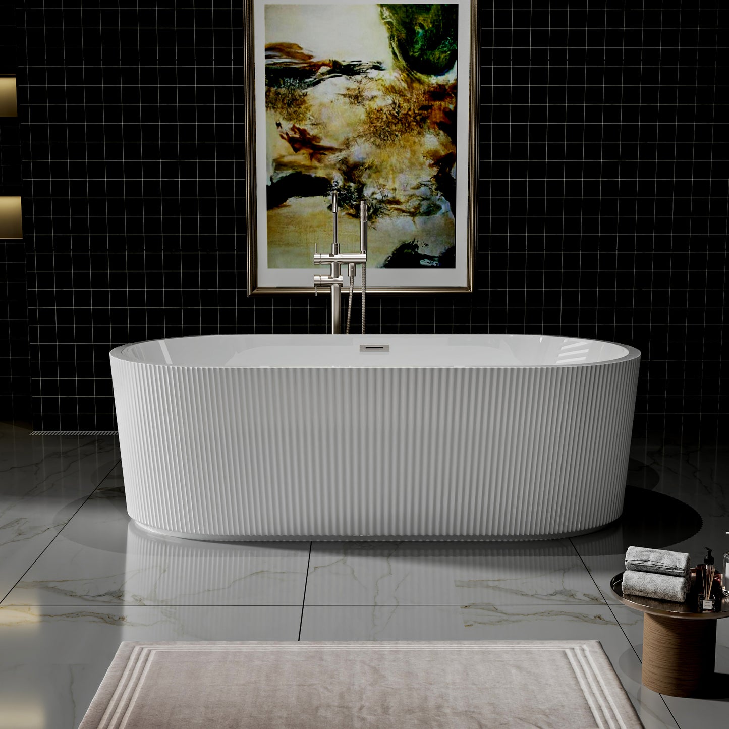 WSP-NK Exbrite 67' Acrylic Freestanding Bathtub, Unique Pleated Design, Glossy White, Brushed Nickel Overflow and Pop-Up Drain, cUPC Certified