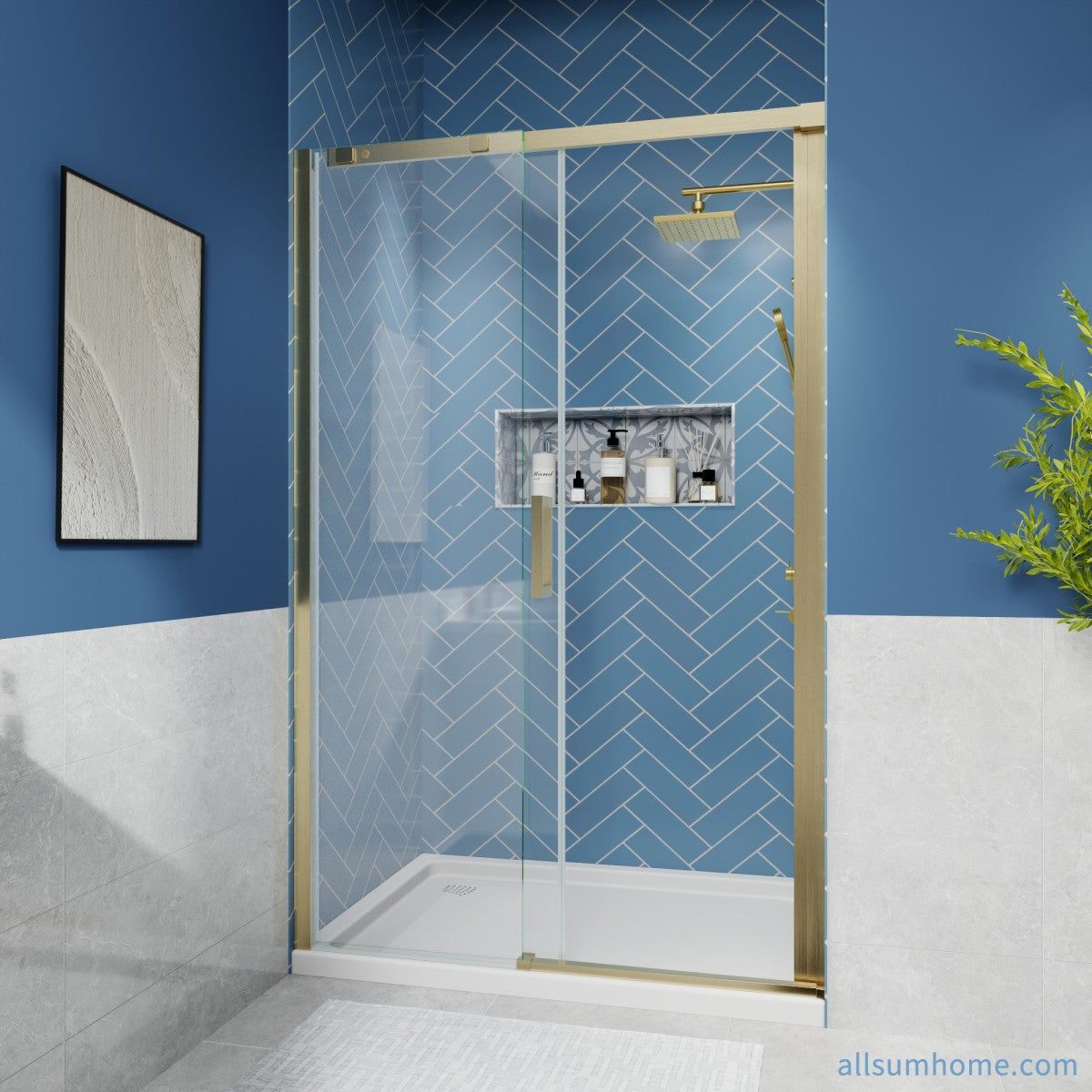 Lock Adjustable 44-48"W x 74"H Sliding Glass Shower Door with 8mm Clear Tempered Glass,Stainless Steel Hardware Brushed Gold,Rectangle Shower Door