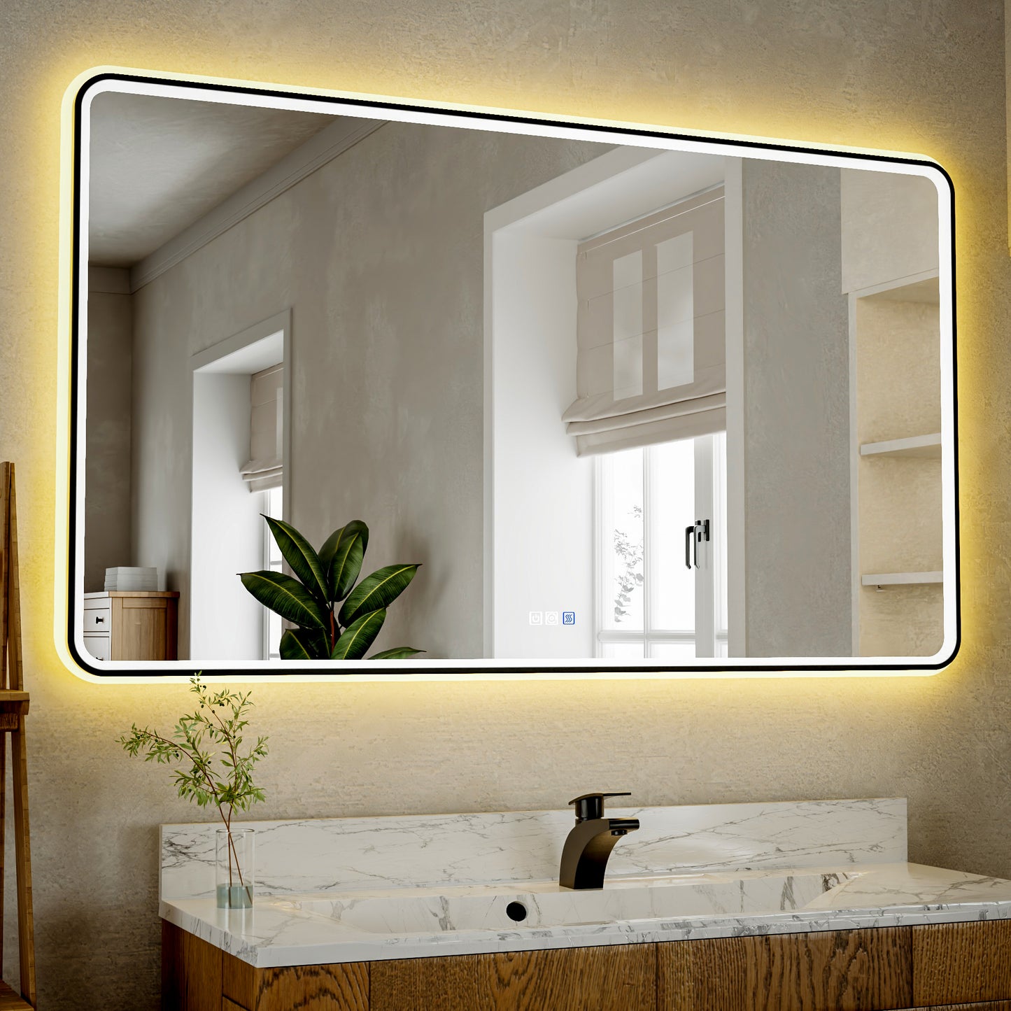 Lumina 55" W x 36" H LED Lighted Bathroom Mirror,High Illuminate,Inner and Outer Lighting,Anti-Fog,Dimmable,Black Frame with Rounded Corners