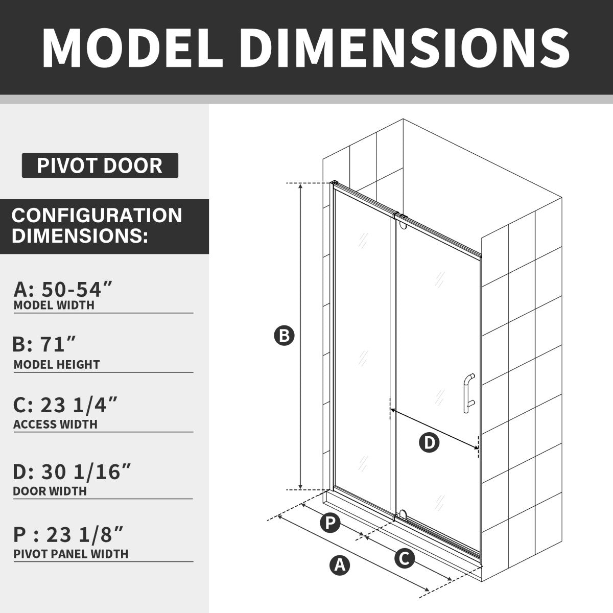 Flexi-B Showers 50-54" W x 71" H Glass Shower Doos Semi-Frameless,6mm Clear Tempered Glass Panel, Black Finish (Copy) - ExBriteUSA