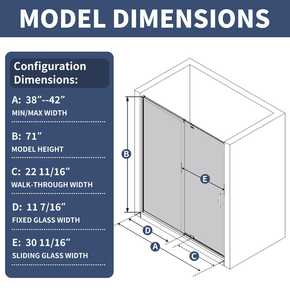 Flexi 38-42"x71" Frameless Shower Door in Brushed Nickel,Tempered Glass with Seal Strip Parts and Handle,6mm Glass Shower Door - ExBriteUSA