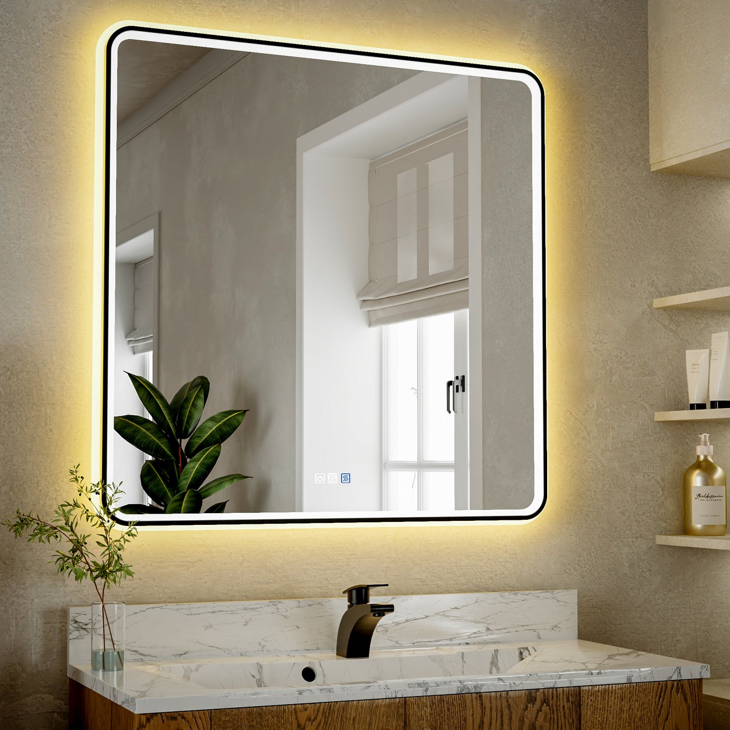 Lumina 36" W x 36" H LED Lighted Bathroom Mirror,High Illuminate, Inner & Outer Lighting,Anti-Fog, Dimmable,Black Frame with Rounded Corners