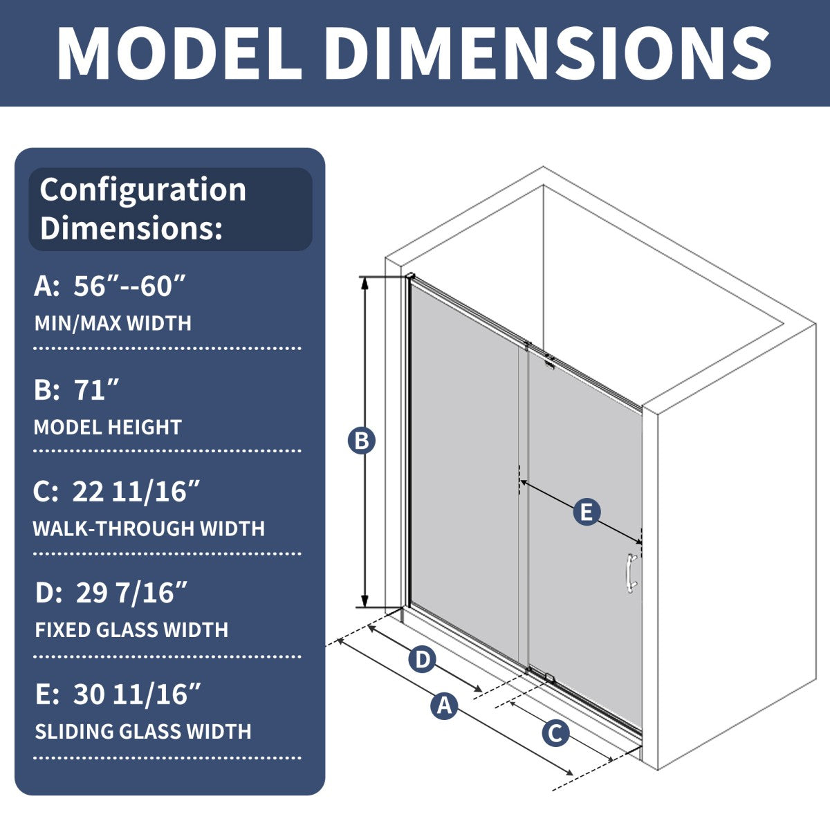 Flexi Showers 56-60" W x 71" H Glass Shower Doos Semi-Frameless,6mm Clear Tempered Glass Panel, Brush Nickel Finish