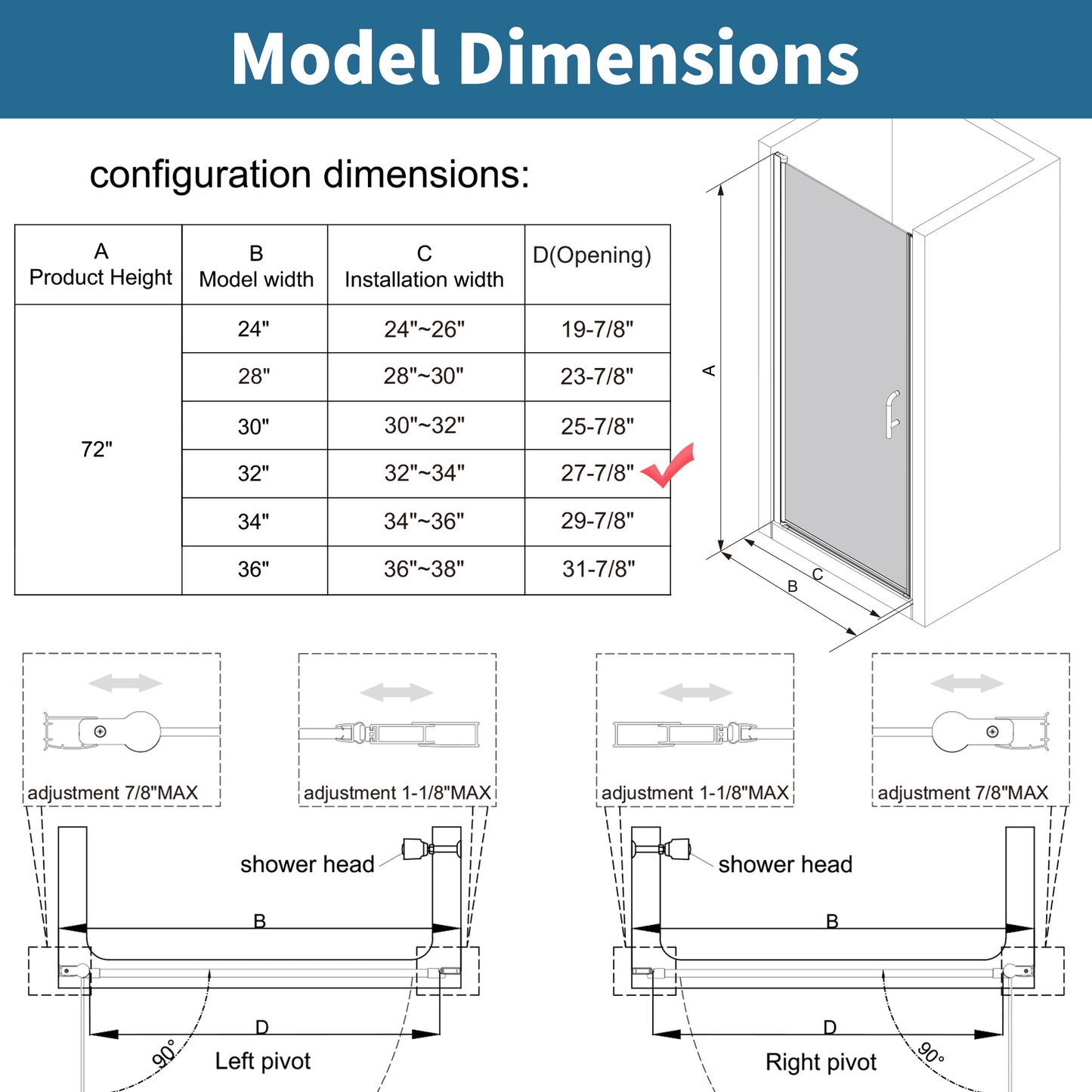 Classy 32-34" W x 72" H Pivot Shower Door Semi-Frameless Hinged in Chrome Install Glass Shower Door