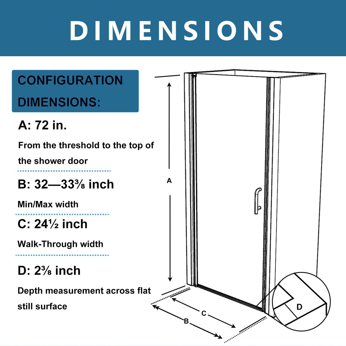 Classy-G 32-33.3" W x 72" H Pivot Frameless Shower Door Matte Black Smoke Gray Glass Shower Door with Handle