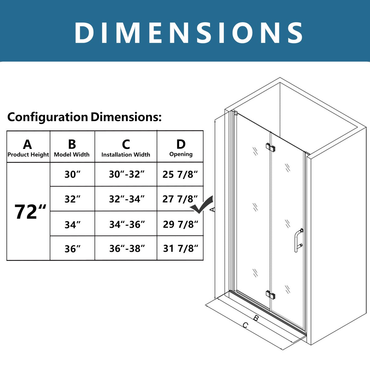 Exbrite Adapt Bifold Shower Door dimensions chart with 72-inch height, showing different model and installation width options.