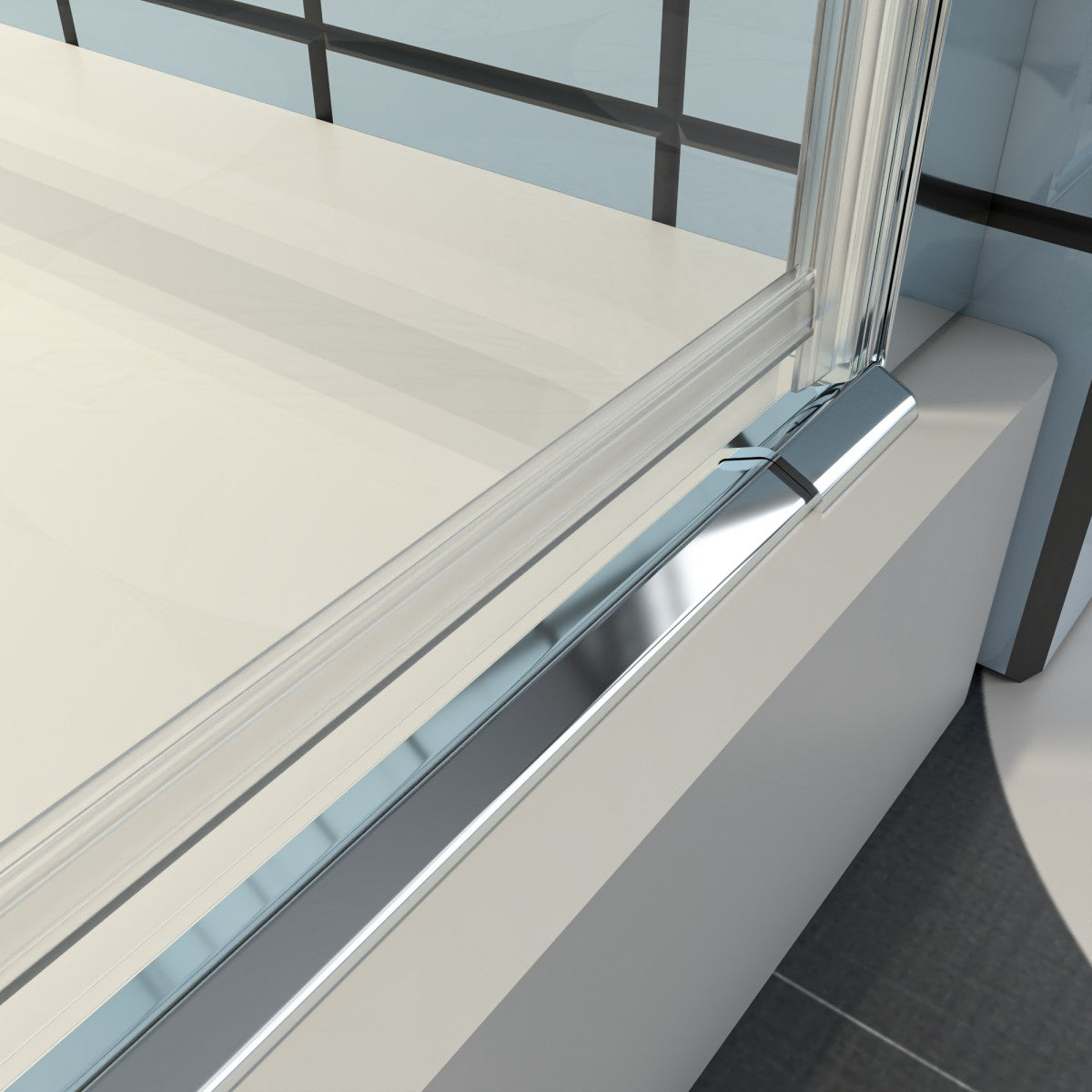 Classy small shower door with chrome finish and clear tempered glass, featuring a semi-frameless hinged pivot design.